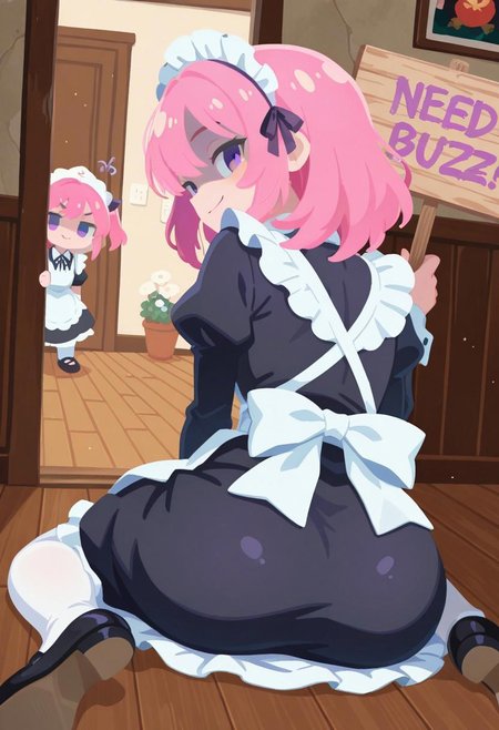 uncensored, highest quality, masterpiece, intricate details, highly detailed, dynamic shot,  yandere, sitting on floor, back, chiaroscuro, very awa, t4kar4i_illu, no_outlines,no lineart, CivChan, purple eyes, pink hair, peeking out, wall, looking at viewer, maid, smirk, medium hair,
<lora:CivChan:1>
((need_buzz)), (holding sign with hand), shaded face, sign that says "NEED BUZZ", looking at viewer, ((8k, Ultra HD)), (foreshortening:2), depth of field, ((Detailed background :1.5)), ((Masterpiece)), ((Best quality)), ((Detailed)), amazing quality, very awa, highres, absurdres, contrapposto,