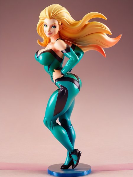 score_9, score_8_up, score_7_up, 1girl, simple background, smile, looking at viewer, smile, full body, (dynamic pose:1.1), dynamic angle, hands on hips, leaning forward, from side, ass,
 <lora:Meggan_character:0.85> MegganX, blonde hair, long hair, green eyes, large breasts, curvy, bare shoulders, green bodysuit, floating hair,  <lora:Anime_Figure_P1:1> figure