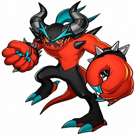 Score_7_up, score_8_up, 1boy, solo,  Zavok, zeti, yellow sclera, red eyes, horns, shoulder spikes,white background, looking at viewer, dynamic pose, full body,