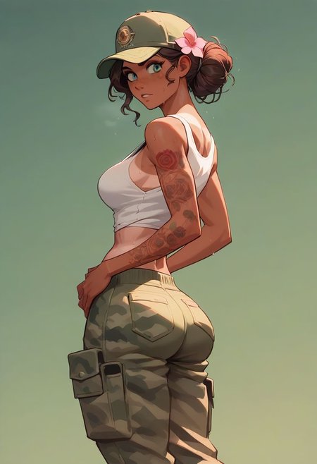 score_9, score_8_up, score_7_up, score_6_up, semi realistic, stunning beautiful, masterpiece, raw quality, best quality, extremely detailed, green theme, exuberant style, grounded mood, indiferent, femme fatale, tanned skin, tanlines, long wavy dark brown hair, pink flower hairpin, pale green eyes, tonned legs, medium breasts, large hips, slim waist, big buttocks, delicate tattoos, loose-fitting camouflage cargo pants, combat boots, white tank top, green cap, white tank top, green cap, sweaty