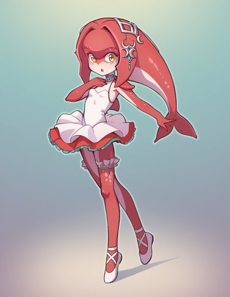 zPDXL, score_9, score_8_up, score_7_up, source_anime, 1girl, solo,
<lora:Orenji_v2:0.8> orenji, Mipha, red skin, zora, fish girl, :D, standing on shoulder, ballerina wearing Whimsical lavender leotard, ruffled tulle skirt, patterned stockings, ballet slippers