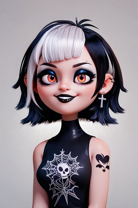 score_9, score_8_up, score_8, medium breasts, (curvy), cute, eyelashes,       BREAK, ,   ,,, <lora:GothMavis_PDXL:0.8>, zzGothMavis, black hair, white hair, makeup, short hair, black lips, multicolored hair, two-tone hair, ear piercing, eyeshadow, gothic, shirt, lipstick, tattoo, turtleneck, cross ,,, , BREAK, smile, looking at viewer, cowboy shot, ,,, embedding:zPDXL, Expressiveh, ,,, <lora:CuteToonPDXL:0.8>, <lora:SDXLFaeTastic2400:0.5>, <lora:Expressive_H-000001:0.4>,