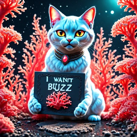 coralbugXL A cat surrounding with coral ((holding a sign reading "I WANT BUZZ"))  coralbugXL, highly detailed fantasy art, exquisite digital illustration, great digital art with details, highly detailed digital painting, surrealistic digital artwork, 3d epic illustrations,