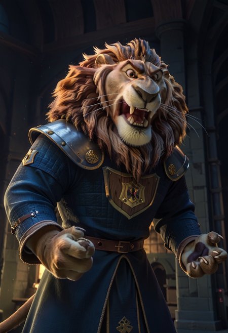 score_9, score_8_up, score_7_up, 
rating_safe, looking at viewer, 
roaring, action pose, (angry), action lines, view from below,
Lionheart, furry male, solo, lion, brown fur, brown eyes, whiskers, lion tail,
medieval armor, fuschia robes, heart shield,
medieval castle, hall, columns, cobwebs, indoors,  ((night time)),  warm lighting,