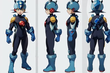(masterpiece, official art, simple background, full body, standing, chara-sheet), best quality, megaman, (blue footwear, boots), (red headwear, dark blue helmet), (indigo bodysuit:1.5), covered collarbone, yellow pauldron, blue gloves, green eyes, (red circular chest piece), looking at viewer, male focus, open mouth, smile, muscular, large pectorals, thick thighs