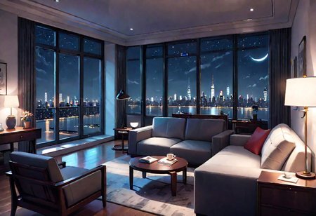 ((front view)), Shallow scene, ((animation style)), modern-style interior, with white walls, (large windows), a  study, Sofa, coffee table, bookcase, single wall, gloomy room, Turn off the indoor lights and turn on only the desk lamp, quiet and mysterious night sky, starry sky, moonlight, city night view, (City high-rise building scenery), (City scenery outside the window)
