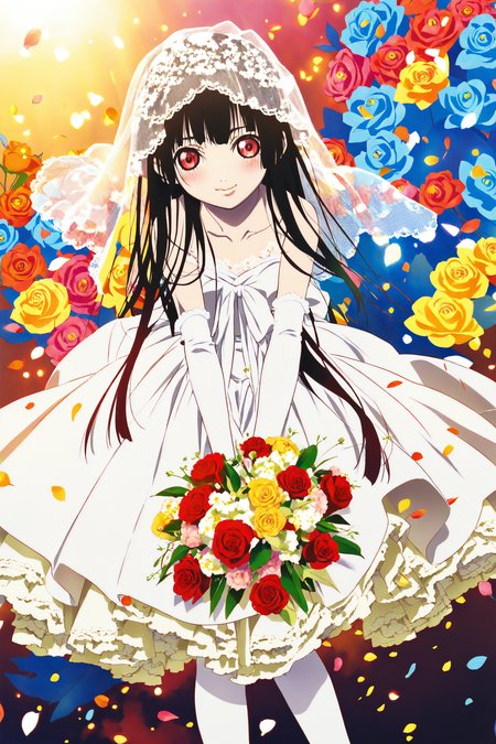 Enma Ai,1girl,solo,long hair,black hair,red eyes,bouquet,flower,dress,white dress,wedding dress,pantyhose,smile,veil,gloves,hair ornament,elbow gloves,bridal veil,blush,rose,white pantyhose,hime cut,
<lora:JigokuShoujo_XL_v2:0.8>,