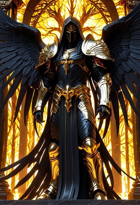 A great, imposing dark angel warrior, Lucifer, dark armor with gold details, hood shadowing his face, long black hair, glowing amber eyes, golden angels wings on his back, standing in front of a great dark tree, a gate at the root, glowing light, glowing eyes, flames in the background, cloudy sky, moody light, by H.R Giger, 4k resolution digital art trending on Artstation and unreal engine 5, hyperrealism, full body shot, glowing eyes, cinematic, epic, masterpiece, surreal, fantasycore, hyperdetailed, ultra realistic, octane render, volumetric lighting, depth of field, bokeh, 8 <lora:Details:0.85>