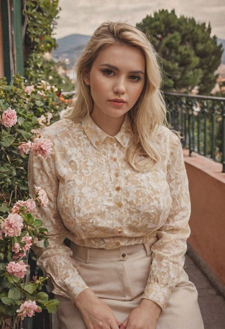 A seductive (busty:2.2) European woman in her early 20s. She has unbuttoned her blouse, sitting on a balcony at Amalfi coast, surrounded by flowers. Her skin is detailed, a bit sweaty. amateur photo, cinematic photo, intricate details, ambient lighting, natural lighting, low saturation, low contrast, sharpened face, hard focus, analog aesthetic, retro, vintage, scanlines, video noise, film grain, vignette effect, color bleeding, chromatic aberration, low resolution, retro color palette, faded colors, low quality