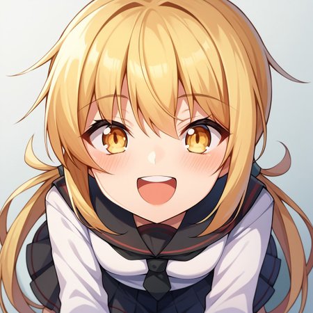 score_9, score_8, score_7, source_anime, satsuki (kancolle), low twintails, black skirt, pleated skirt, POV, looking at viewer, blush, smile, open mouth, upper teeth only