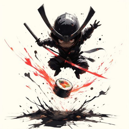 front view of a chibi samurai jumping and cutting in the air a roll of sushi with his katanas, ink strokes, dynamic, shadow, silhouette, black and white, monochrome, red accents, dramatic lighting, atmospheric, japanese culture, minimalist, contrast, sunset glow, isolated figure, reflective pose,pscho_4rt, stylized