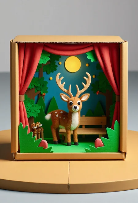 <lora:Finger_Puppet_Theater_FLUX-000013:0.9>
The image is a photograph of a whimsical, handcrafted diorama with a cardboard box set up as a stage,  featuring  a deer in a forest