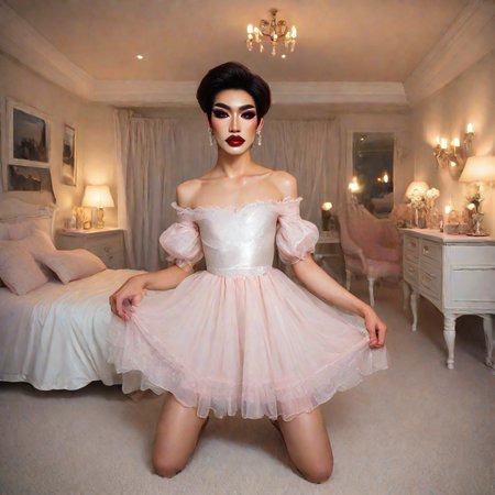 photo, realistic, hyperrealism, source filmmaker, score_9, score_8_up, score_7_up, best quality, masterpiece, source_anime, zPDXL3, BREAK,1boy, <lora:asian_drag_queen_ponyxl:1> asian, asian drag queen,  jewelry, earrings, makeup, Off-the-shoulder bohemian peasant dress, flat chest, bedroom, night, cold colors, dark indoors, lights off,, full body,