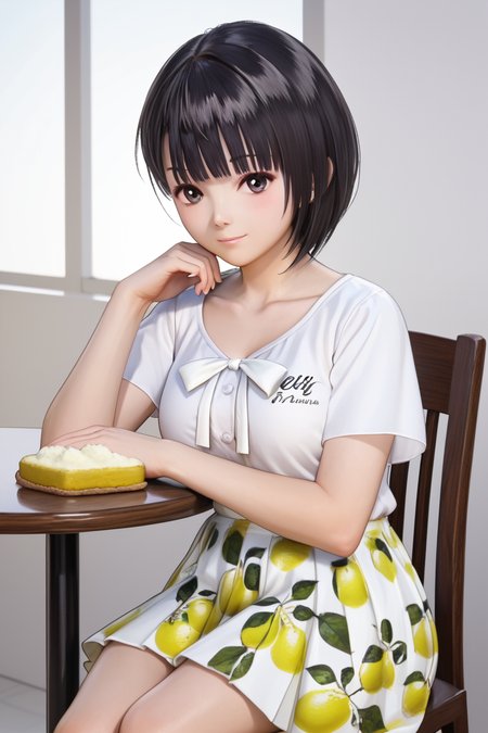 Shirai Hinako, lemon print skirt,casual outfit, 1girl, solo, looking at viewer, short hair, bangs, skirt, shirt, black hair, cafe background, closed mouth, sitting on the chair, table with sponge cake teapot and cup of tea, collarbone, crossing legs, white shirt, short sleeves, cowboy shot, pleated skirt, food, hand up, black eyes, gradient, gradient background, fruit, bob cut, white skirt, hand on own chin, lemon print skirt,  <lora:Shirai_Hinako_Blue_Reflection_Pony:1> anime color, seductive smile, photorealistic, cleavge, large breast, dimly li