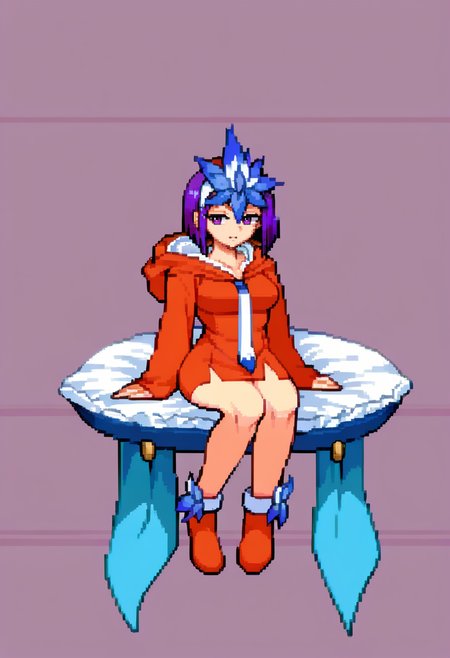 score_9, score_8_up, score_7_up, source_anime, BREAK, solo, 1girl, looking at viewer, <lora:Amane-pdxl_Fp:1>, amanedesu, purple eyes, purple hair, short hair, hair ornament, orange dress, hood, long sleeves, necktie, <lora:CPS2-pdxl_Fp:1>, full body, simple background, looking at viewer, pixel art,