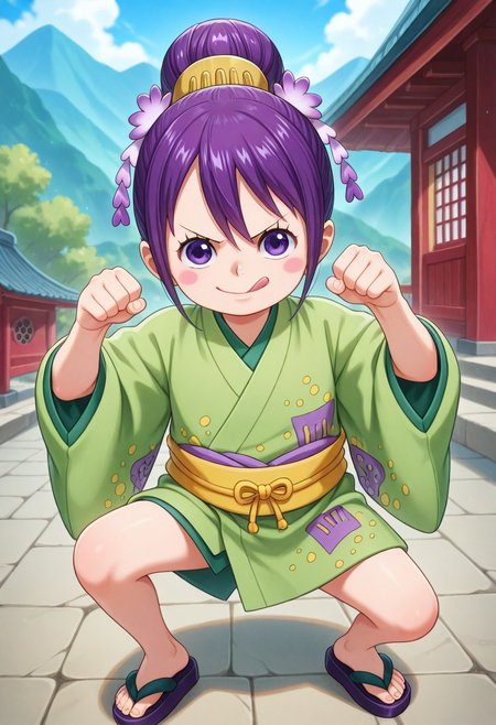 ultra-detailed, ultra-detailed background, ultra-detailed eyes, detailed limb, hair between eyes, outdoors, mountain, 1girl, <lora:Tama_Kurozumi_-_One_Piece__Illustrious:0.8>, child, purple hair, shimada hairstyle, hair bun, purple eyes, eyelashes, one piece wano style, hair ornaments, pink cheeks, green kimono, yellow sash, patched kimono, japanese sandals, loose clothes, fighting stance, detailed toes, v-shaped eyebrows, looking at viewer, licking lips, clenched hands, <lora:hand 5.5_903007:0.1>, well-defined fingers, ultra-detailed fingers, <lora:illustriousXL_stabilizer_v1.7_1135253:0.1>, <lora:spo_sdxl_10ep_4k-data_lora_webui_482964:1>, <lora:Hyper-SDXL-8steps-lora:0.5>, general, masterpiece, best quality, amazing quality, very aesthetic, absurdres,