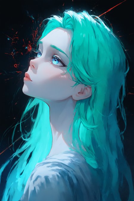 masterpiece, best quality, newest, absurdres,  Classicism Art,Oil Painting, young girl wearing an ornate black and gold Cyberpunk Warframe,
Abbott Handerson Thayer, innocent, white skin, pale skin, glowing blue eyes, long flowing green hair, in a dark space ship with a window looking out at a nebula, BREAK shadow and light, intricate (red:1.2) lines extending to the sky, intriguing atmosphere, sharp magnificent details, delicate features, elaborate details, romantic, Rembrandt lighting, rich deep,
inspired by Roman and Greek culture, clarity, harmonious, <lora:ponyv4_noob1_2_adamW-000017:0.7000000000000001>