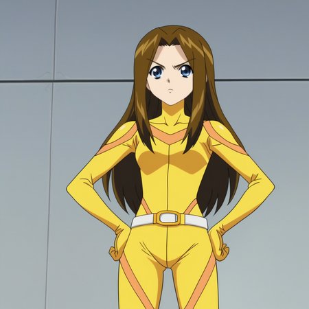 score_7_up, BREAK,  anime screencap,  Misha Miramond, 1girl, solo, long hair,   brown hair, blue eyes,   <lora:Misha_Miramond_XL_Leaf1:1>,  yellow bodysuit, white belt , cowboy shot, hands on own hips,