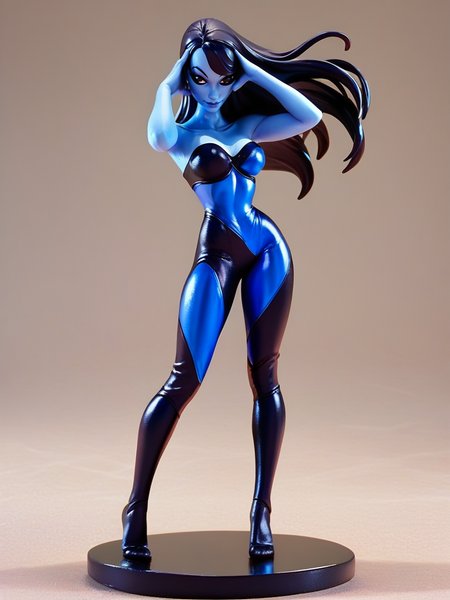 score_9, score_8_up, score_7_up,  1girl, on hand on head, sexy pose, full body, (dynamic pose:1.1), dynamic angle, simple background, front,, 
 <lora:Inque_character:0.9>, InqueXLP, colored skin, blue skin, black hair, long hair, black eyes, makeup, bodysuit, strapless, <lora:Anime_Figure_P1:0.85> figure