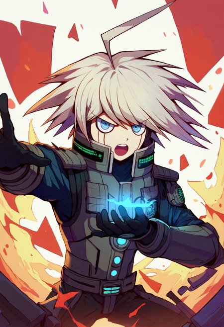 score_9_up score_8_up score_7_up, open mouth, upper teeth, outstretched arm, glowing hand
BREAK
keebo default, 1boy, ahoge, bangs, short hair, grey eyes, grey hair, power armor, android, black gloves, gloves
 <lora:danganranpa_v3_pony_d16:1>