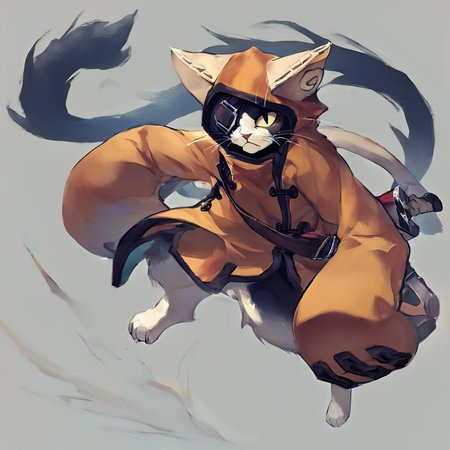 score_9, score_8_up, score_7_up, score_6_up, score_5_up, score_4_up, rating_safe, source_furry, solo, 1boy, animal ears, tail, weapon, hood, cat boy, furry, animal hood, whiskers, cat hood, furry boy, <lora:Concept Art Ultimatum Style LoRA_Pony XL v6:1>, He has an eye patch on 1 eye, He has a sword on his back and is jumping in the air, <lora:JubeiBlazblueV1:1>