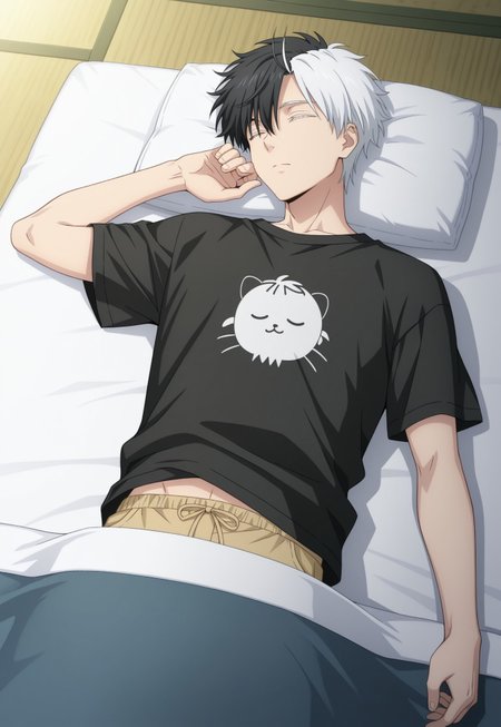 masterpiece,best quality,amazing quality, source_anime, 

sakuharuka, 1boy, male focus, solo, closed eyes, split-color hair, black hair, white hair, shirt, t-shirt, shorts, futon, lying, sleeping,