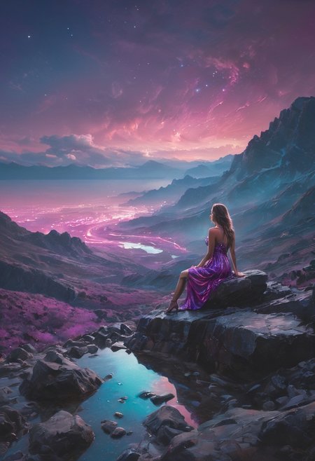 A hyper detailed nightscape, with the colors purple, turquoise and pink, a girl is sitting on a rock with A reflective metallic dress, the dress reflects the landscape with the same colors.