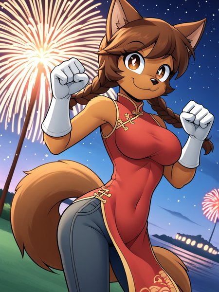 score_9, 1girl, cute wolf girl, furry, fireworks, china dress, big gloves, braid, pants, tail, brown hair, epic pose, light smile, bright pupils, particles around, splash art, looking at viewer, cowboy shot, dynamic pose, smile, cute, wide shot, solo, dutch angle, 
<lora:ACrocsComics_style:1>, CrocXL, flat color, style parody, official style, cartoon style,