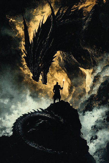 A dragon-tamer standing atop a cliff, holding a glowing staff as their massive, scaled companion curls protectively beside them. The fiery glow of distant volcanoes illuminates the night sky, highlighting their battle-worn armor and wind-swept hair. Their commanding presence radiates power and a deep bond with the creature.  --ar 2:3 --v 6.1 --stylize 500  --c 25  --sref 448502317  --sw 100