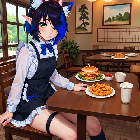hailey, 1girl, animal ears ,black hair, blue hair, cat ears, freckles, green eyes, hair over one eye, lips, looking at viewer, multicolored hair, pointy ears, short hair, solo, closed mouth, thigh strap, tree, two-tone hair, food on table, chairs, indoors, source_anime, restaurant, at restaurant, from side, leaning,
jyojifuku, frills, kneehighs, apron, multicolor apron, white frills, black apron, black kneehighs, blue threads, blue bow tie, pockets,
food_focus,
<lora:Hailey-ponyxl:0.6>,  <lora:maid_Pony_V1.0:1>,  <lora:Real_Anime_v2:0.3>,  <lora:Food_Focus:0.3>