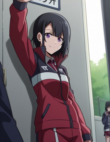 score_9, score_8_up, score_7_up, source_anime, <lora:yuika-shiwahime-s1-ponyxl-lora-nochekaiser:1>, yuika shiwahime, short hair, black hair, purple eyes,, shirt, jacket, necktie, shorts, sleeves past wrists, track jacket,, bus stop, waiting, commuter, smartphone, checking time, cold morning, smile, , on back, arm support, arms up, incoming hug, pov, reaching, reaching towards viewer,, solo,, dutch angle, cowboy shot