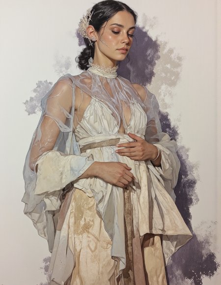 By Phandigrams.
This is a highly detailed, realistic oil painting by the artist, known for his meticulous attention to texture and light. The artwork features a woman in a dress, figurative art, diaphanous translucent cloth, goddess of light, made of mist, silk dress, transparent cloth, with a white background, luminous body, godesses, vapor, issey miyake, light and shadow play.