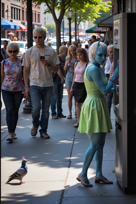 An Andorian woman with soft blue skin and sleek, straight white hair is standing in front of an ATM, dressed in a casual green sundress and sandals, her antennae nervously twitching as she tries to figure out how the machine works. A line is forming behind her, and the impatient sighs of the people waiting only make her more flustered as she fumbles with her bank card, staring at the screen as if it holds the secrets of the universe. The bright afternoon sun shines down on the busy street, casting long shadows across the sidewalk as people walk by, chatting and sipping iced coffee. Nearby, a hotdog vendor is grilling, filling the air with the smell of street food, while the distant sounds of car horns and construction create a typical urban symphony. The Andorianâs antennae droop slightly as she finally manages to insert the card, only for the machine to ask her for a PIN she doesn't quite remember. A pigeon struts nearby, pecking at crumbs, completely oblivious to her growing frustration. The humorous tension of the moment contrasts with the everyday scene of city life, where even advanced aliens arenât immune to the struggles of modern technology.<lora:midjourney_whisper_flux_lora_v01:0.55><lora:aidmaMJ6.1-FLUX-V0.1:0.4><lora:FluxMythP0rtr4itStyle:0.4><lora:detailed_flux_ntc:2.2><lora:aidmaImageUpgrader-FLUX-V0.1:0.65><lora:andorian_FLUX>