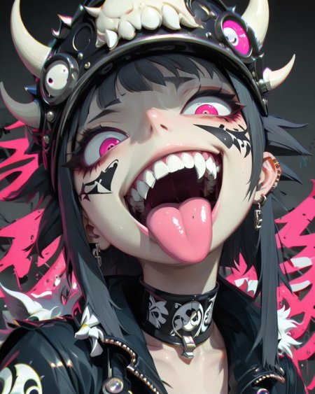<lora:add-detail-xl:0.3>
<lora:Punk_Anime_XL:0.91>,
<lora:Goth_Neon_XL:0.55>
<lora:Photographer Maren Klemp Style:1.1>, (maren, klemp, style),
1girl, bangs, blunt bangs, choker, close-up, crown, dark-skinned female, earrings, facepaint, horns, jewelry, looking at viewer, open clothes, open jacket, open mouth, pink eyes, portrait, red neckerchief, saliva, solo, teeth, tongue, tongue out, zipper