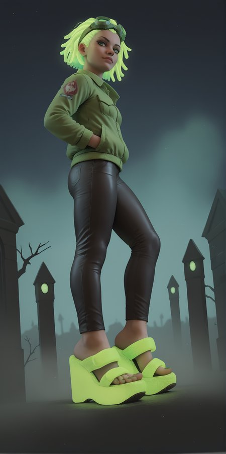 score_9, score_8_up, score_7_up, score_6_up, realistic,
wide angle, standing, low angle, foot focus, from side,
standing,
(glowing neon footwear:1.1),
(glowing neon hair:1.15),
1girl, leather pants, green short jacket, black and green hair, dreadlocks, 
goggles, glowing green goggles,
ï»¿(ï»¿m3sh heels), platform footwear,
halloween scene, fog, haunted house, night,
green toenail polish,
embedding:zPDXLrl ,
embedding:zPDXL2 ,