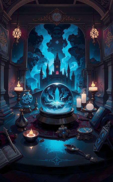 A magical table filled with mystical artifacts,at the center sits a glowing crystal ball. Inside the crystal ball,a dark,ominous ancient castle is vividly displayed,surrounded by swirling mist and faint glimmers of magical energy. The scene is rich in fantasy style,with intricate details,enchanted symbols carved on the table,and a dim,mysterious ambient light that enhances the magical atmosphere.,<lora:fca_style_3_4:1>,Flat colour anime style image showing,