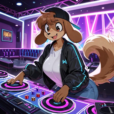masterpiece, best quality, newest, absurdres, highres, furry, perfect anatomy, 4nn4h,1girl,solo,furry,furry female,a girl,dog ears,long ears,brown hair,short hair,brow eyes,snout,animal nose,body fur,brown fur,dog tail, indoors, club, nightclub, dj, disc jockey, playing music, white shirt, black jacket, blue pants, denim, backwards cap, backwards hat, happy, smiling,