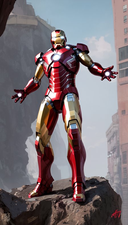 Iron Man, scenery, detailed background, masterpiece, best quality, high quality, absurdres, Toni Infante <lora:toni_infante_xl_v3:1>