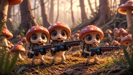 cartoon, cinematic movie scene, group of cute mushrooms with big eyes and small arms holding tmmygn submachine guns, sunrise, warm light, 
 <lora:Thompson_Submachine_Gun_-_1928_SDXL:0.8> <lora:Cute_3D_Cartoon:0.8>