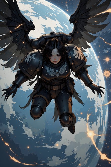A Raven Guard Marine is caught mid-fall from orbit, his black armor reflecting starlight. His lightning claws are spread wide as he descends like his namesake, jump pack firing precisely. His armor bears subtle corvid motifs and stealth field generators. The planet's atmosphere begins to burn around his controlled descent. His pale face shows tactical calculation, short black hair plastered by extreme speeds. The overall composition is dynamic and asymmetrical, with a strong sense of scale and movement in the scene. <lora:FluxRavenG40k> <lora:Blue_Future:0.2><lora:Ethereal_Brush_Anime_v1.0:0.6><lora:Dark_and_sentimental v1.0:0.6><lora:It's a LoRA for portraits, BUT! actually specialized in backgrounds. v1.0:0.3>