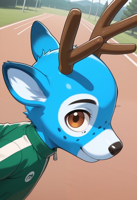 masterpiece,best quality, amazing quality, 1boy, solo,b4m, deer boy, chibi, antlers, black freckles, blue fur, brown eyes, green jacket, track jacket, outdoors, face focus,, side angle, happy expression, looking at viewer, 