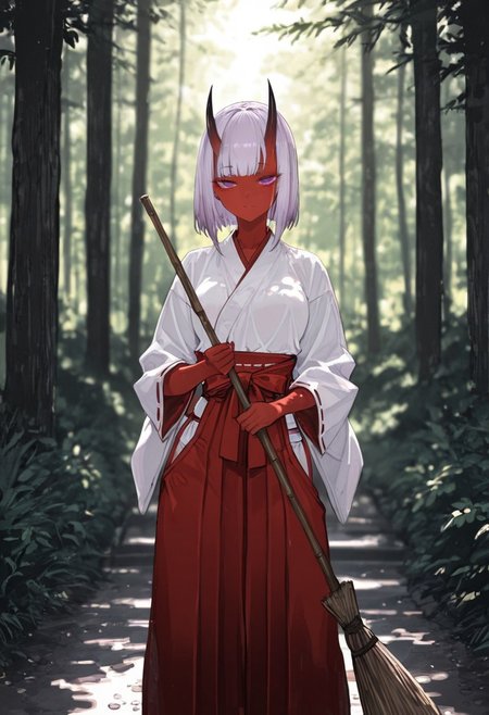 masterpiece, best quality, amazing quality, 1girl, 
 8K, illustrating, CG, detailed-eyes, detailed background, cute girl, eyelashes, lowlight
BREAK
detailed background, eyelashes, erotic, looking seductive, coy. dynamic action image, detailed face, detailed eyes, direct mesmerizing gaze, 
BREAK
(EyesHD:1.2), (4k,8k,Ultra HD), masterpiece, best quality, ultra-detailed, very aesthetic, sharp focus, depth of field, ray tracing, best lighting, detailed illustration, detailed background, cinematic, beautiful face, beautiful eyes,
BREAK
(sexy, slutty, hot, aroused), 
Aka-Oni, oni, colored skin, red skin, smooth horns, black horns, 
BREAK
miko, japanese clothes, red hakama, white kimono, tree, (forest), broom, holding broom, sweeping, hakama short skirt, hip vent, (torii:0.9), looking at viewer,, blurry, blurry background, purple eyes,
