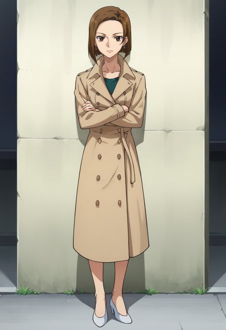 score_9,score_8_up,score_7_up,score_6_up,score_5_up,score_4_up,anime coloring BREAK source_anime,anime,<lora:Kinue_Crossroad_Gundam_00_Pony:0.7>,kinue,1girl,solo,brown eyes,brown hair,short hair,earrings,coat,high heels,crossed_arms,outdoors,against wall,looking_at_viewer,