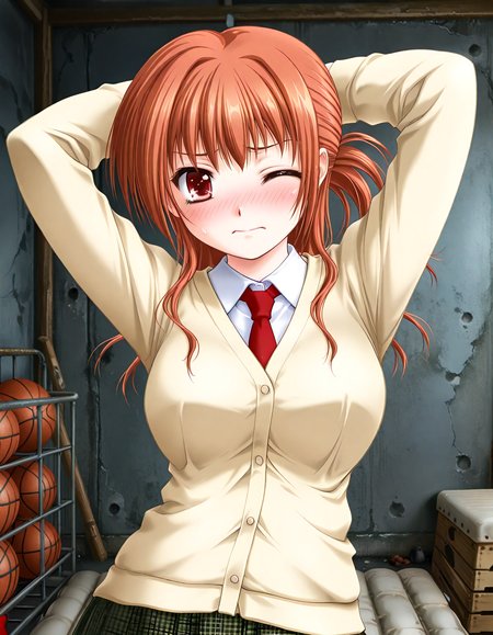 (1girl, solo:1.3), (2girls, 3girls, 4girls, multiple girls, 2boys, 3boys, 4boys, multiple boys:-1.5) <lora:Kazuyagi_Akane_Gore_Screaming_Show_Illustrious:0.9>, Kazuyagi_Akane, large breasts, red eyes, brown eyes, brown hair, long hair, low ponytail, school uniform, cardigan, long sleeves, white shirt, red necktie, pleated skirt, plaid skirt, checkered skirt, white legwear, embarrassed, one eye closed, general, contrapposto, dynamic pose, arms behind head, portrait, straight-on, pov, dutch angle, (close-up, face focus:1.2), indoors, gym storeroom, dark room, messy room, concrete, (gray theme:1.3), one basketball \(object\), piled mattress, (window:-2.0), flashing, <lora:NOOB_EPSv1_1_detailer_by_vlnvk_v1_0:1.5>, (photo background:0.7), night, (tachibana yuu:0.6), inue shinsuke, (kazuma muramasa:0.0), saikawa yusa, (aoi manabu:0.6), abarerumidori, (suzui narumi:0.6), masterpiece, newest, absurdres, 8K, anime screenshot, anime coloring, flat color, official art, film grain, <lora:illustriousXLv01_stabilizer_v1.185c:0.7>, <lora:LECO_Solo:-4.0>,