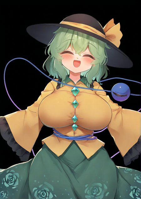 <lora:IceNight:1.2>,1girl, komeiji koishi, huge breasts, wide hips, touhou, :d, black background, black headwear, blood, blush, closed eyes, facing viewer, floral print, green hair, green skirt, hat, hat ribbon, koishi day, long sleeves, medium hair, open mouth, ribbon, rose print, shirt, skirt, smile, solo, third eye, wide sleeves, yellow ribbon, yellow shirt, 
animated, dynamic angle,very awa, masterpiece, best quality, highres, absurdes,amazing quality,very aesthetic,intricate details,detailed background, <lora:hand 5.5:1>