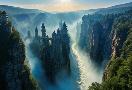 towers ringed in mist, sunrays, mixed media, surrealism, fantasy, great lighting, A surreal landscape highly detailed, extremely high-resolution details, appears trapped in an optical illusion of reflections and refractions colorful, Zhangjiajie mountains,  Vienna in contemporary Austria, stone bridges, winding rivers extending to the horizon, professional photography, natural lighting, volumetric lighting maximalist. vivid, vibrant colors, intricately detailed, complex, elegant, expansive, fantastical, film photography style, medium grain, cmnt
 (8k uhd:1,4)