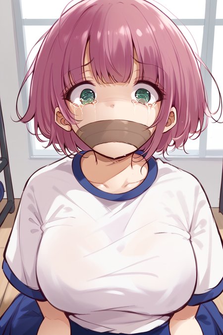 score_9, score_8_up, score_7_up, score_6_up, 
 <lora:Marost:1> marost, tape gag, tape, pink hair, tears, improvised gag, gag, shirt, 1girl, gym uniform, white shirt, green eyes, short hair