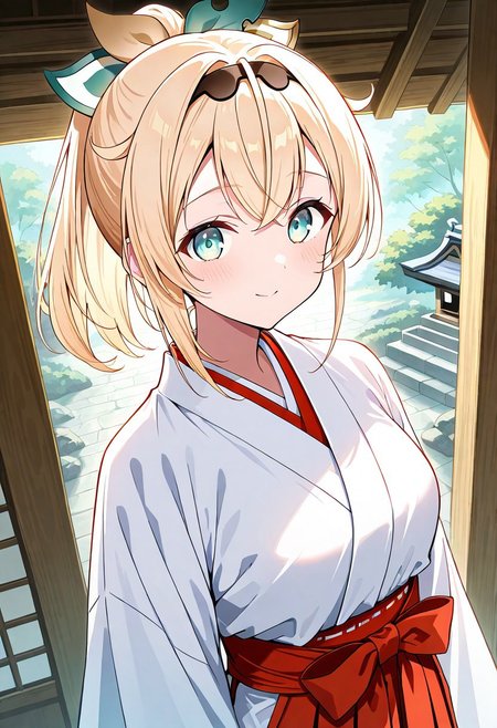 1girl, cowboy shot, 1girl, solo, kazama iroha, (Hololive), Vtuber, blonde hair, ponytail, hair ribbon, green eyes, medium breast, 
Shrine Maiden, Miko, white shirt, red hakama,
easynegative, negative_hand,
official art, easynegative, dynamic image, masterpiece, amazing quality, HD32K, vibrant colours, HD32K, highly detailed, detailed background,