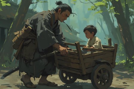 Anime style by J.C. Leyndecker. A stoic samurai dressed in traditional tattered kimono pushes a wooden cart through a serene yet dangerous landscape. Inside the cart sits a small child, quietly observing the world with wide eyes, drawing clear inspiration from "Lone Wolf and Cub." The samurai's hand grips the handle of the cart firmly, while his other hand rests on the hilt of his katana, ready for any threat. The background is a misty forest or ancient village, with hints of danger lurking in the shadows. The scene exudes a sense of duty, protection, and the quiet intensity of a warrior's journey. <lora:MJanime_Flux_LoRa_v3_Final:0.6> <lora:N--Expressive_flux_lora_v1_000009900:0.4> <lora:Eldritch_Paint_Sketch_for_Flux_1.0.5:0.4><lora:776872074170894661:0>