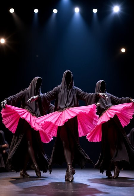 Create an image featuring three Nazgûl on a stage. Each Nazgûl is wearing a bright pink tutu and performing a ballet dance, gracefully posed in classic ballet stances. The stage is lit with soft spotlights, and the background should resemble a traditional theater. 